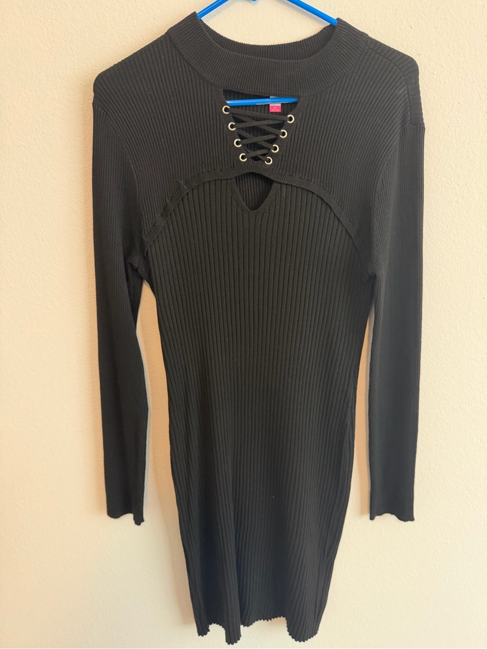 No Boundaries Black Ribbed Lace-Up Long Sleeve Dress